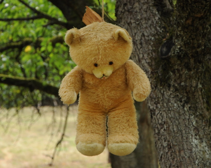 Erhängter Teddybär soll Verkehr entschleunigen