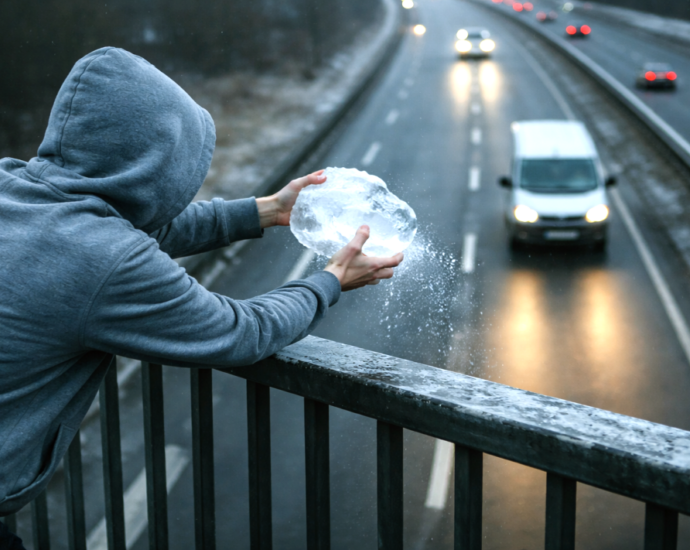 B3: Jugendliche werfen Eisbrocken von Brücke auf Transporter